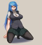  1girl absurdres black_legwear blue_eyes blue_hair breasts closed_mouth collared_shirt commentary full_body glasses green_skirt grey_background grey_vest highres kion-kun kneeling large_breasts long_hair looking_at_viewer original pantyhose pleated_skirt round_eyewear shirt short_sleeves simple_background skirt solo vest white_shirt wing_collar 