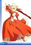  1girl absurdres aestus_estus ahoge arm_up ass back_cutout bangs blonde_hair braid breasts butt_crack detached_sleeves dress epaulettes eyebrows_visible_through_hair fate/extra fate_(series) from_behind green_eyes hair_intakes hair_ribbon highres holding holding_sword holding_weapon long_sleeves looking_at_viewer looking_back medium_breasts nero_claudius_(fate) nero_claudius_(fate)_(all) open_mouth page_number puffy_sleeves red_dress ribbon scan simple_background smile solo sword wada_aruko weapon white_background 