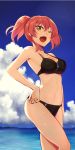  1girl ;d bikini black_bikini breasts brown_eyes cleavage clouds cloudy_sky collarbone commentary_request cowboy_shot day eyebrows_visible_through_hair hand_on_hip highres long_hair looking_at_viewer medium_breasts mokuzu_(mokuzzzzz) navel ocean one_eye_closed open_mouth original outdoors pink_hair short_hair short_ponytail sky smile solo standing swimsuit zipper zipper_pull_tab 