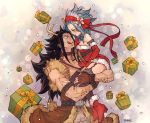  1girl animal_costume antlers black_hair black_legwear blue_hair blush boots box brown_gloves dress elbow_gloves eye_contact fairy_tail fingerless_gloves fur_trim gajeel_redfox garter_straps gift gift_box gloves grey_pants headband holding_person levy_mcgarden long_hair looking_at_another nose_piercing pants piercing red_dress red_footwear red_gloves red_ribbon reindeer_antlers reindeer_costume ribbon rusky santa_boots santa_costume short_dress signature sleeveless sleeveless_dress strapless strapless_dress thigh-highs tongue tongue_out very_long_hair 