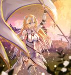  1girl :d arm_up armor armored_boots armored_dress banner black_gloves black_legwear blonde_hair blue_eyes boots breasts day dress elbow_gloves eyebrows_visible_through_hair fate/apocrypha fate_(series) floating_hair fur_trim gloves highres holding holding_weapon jeanne_d&#039;arc_(fate) jeanne_d&#039;arc_(fate)_(all) lkeris long_hair medium_breasts open_mouth outdoors sheath sheathed sideboob sleeveless sleeveless_dress smile solo standing sword thigh-highs thigh_boots very_long_hair weapon white_dress 