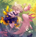  1girl :d air_bubble animal axolotl bare_legs barefoot blonde_hair bubble commentary_request coral floating_hair highres lee_hyeseung open_mouth original oversized_animal purple_skirt seaweed shirt short_sleeves skirt smile solo swimming underwater violet_eyes white_shirt 