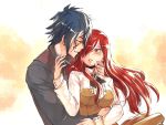  black_bow black_neckwear blue_hair blush bow bowtie brown_dress brown_eyes couple dress erza_scarlet eye_contact facial_mark fairy_tail floating_hair grin hair_over_one_eye hug hug_from_behind jellal_fernandes long_hair looking_at_another pleated_dress redhead rusky shirt short_dress smile upper_body white_shirt 