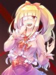  1girl bangs blonde_hair blunt_bangs blush bow brown_eyes character_request copyright_request dress eyepatch finger_in_mouth hair_bow hand_up highres long_sleeves looking_at_viewer nyaa_(nnekoron) open_mouth pink_dress puffy_sleeves red_bow simple_background solo standing twintails 