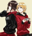  2girls back-to-back bangs beige_background black_jacket black_skirt blonde_hair blue_eyes braid brown_eyes brown_hair closed_mouth commentary cup darjeeling emblem from_side frown girls_und_panzer hand_in_pocket hand_on_neck holding holding_cup hood hoodie jacket long_sleeves looking_at_another looking_back multiple_girls nishizumi_maho parted_lips red_jacket red_skirt short_hair simple_background skirt smile standing teacup tied_hair twin_braids upper_body yuuyu_(777) zipper 