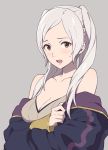  1girl agata_(agatha) bare_shoulders blush breasts cleavage collarbone fire_emblem fire_emblem:_kakusei fire_emblem_heroes jacket long_sleeves looking_at_viewer medium_breasts my_unit_(fire_emblem:_kakusei) off_shoulder open_mouth solo sweatdrop twintails white_hair 