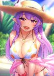  1girl artist_name bangs beach bikini breasts cleavage clouds collarbone commentary_request day fangs hair_ornament hairclip hat heart heart_necklace highres horns_through_headwear jewelry large_breasts long_hair looking_at_viewer navel necklace open_mouth original outdoors oyaji-sou pointy_ears print_bikini purple_hair red_scrunchie sarong scrunchie sidelocks solo straw_hat sunlight swimsuit tongue tongue_out very_long_hair violet_eyes wrist_scrunchie 