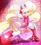  1girl aisaki_emiru bangs blonde_hair blunt_bangs boots closed_mouth cure_macherie eyebrows_visible_through_hair gloves haruyama_kazunori hugtto!_precure lips long_hair looking_away looking_to_the_side magical_girl pink_gloves precure red_eyes red_footwear smile solo sparkle thigh-highs twintails very_long_hair white_legwear 