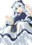  1girl :o bangs blue_eyes blue_hair blush breasts dress drill_hair eris_(konosuba) eyebrows_visible_through_hair frilled_dress frilled_sleeves frills from_below habit hair_between_eyes highres jewelry kono_subarashii_sekai_ni_shukufuku_wo! large_breasts long_hair long_sleeves moyamu necklace open_mouth simple_background solo teeth white_background white_legwear 