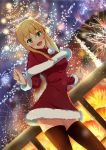  1girl :d bangs black_legwear blonde_hair blush capelet dress dutch_angle eyebrows_visible_through_hair from_below fur_trim gamers! green_eyes hair_between_eyes highres leaning_forward long_hair looking_at_viewer night open_mouth outdoors red_capelet red_dress santa_costume short_dress smile solo standing tendou_karen thigh-highs yoruka_kii zettai_ryouiki 