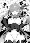  1girl ;d absurdres bb_(fate/extra_ccc) blush boots breasts commentary cowboy_shot fate/extra fate/extra_ccc fate_(series) hair_ribbon highres large_breasts long_hair monochrome nishimi_shin one_eye_closed open_mouth pointer ribbon smile solo thigh-highs thigh_boots very_long_hair 