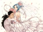  1boy 1girl blue_hair bouquet brown_eyes detached_sleeves dress ear_piercing fairy_tail flower formal gajeel_redfox grey_jacket grin hair_flower hair_ornament hand_on_another&#039;s_back hand_on_another&#039;s_shoulder holding holding_bouquet holding_person jacket layered_dress levy_mcgarden long_hair looking_at_viewer nail_polish nose_piercing petals piercing pink_flower pink_nails pink_rose ponytail ribbon rose rusky see-through signature simple_background sleeveless sleeveless_dress smile wedding_dress white_background white_ribbon 