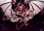  1girl aqua_eyes asymmetrical_horns bat_wings black_background curled_horns elizabeth_bathory_(fate) elizabeth_bathory_(fate)_(all) fate/extra fate/extra_ccc fate_(series) frills holding holding_weapon long_hair looking_at_viewer no-kan petals pink_hair pointy_ears smile solo tail two_side_up weapon wings 