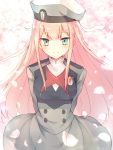  1girl aqua_eyes arm_behind_back beret cherry_blossoms closed_mouth commentary_request darling_in_the_franxx eyebrows_visible_through_hair hat long_hair looking_at_viewer o_hamachi petals pink_hair ribbon smile solo twitter_username uniform white_beret white_hat white_ribbon zero_two_(darling_in_the_franxx) 