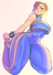  1girl absurdres alternate_costume bare_arms blush bodysuit breasts brown_eyes brown_hair chun-li covered_navel double_bun eymbee half-closed_eyes highres kneeling skin_tight smile solo street_fighter street_fighter_zero_(series) thick_thighs thighs under_boob 