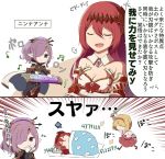  2koma artist_request blonde_hair breasts cleavage closed_eyes comic djeeta_(granblue_fantasy) floating godguard_brodia granblue_fantasy hitting instrument long_hair musical_note nio_(granblue_fantasy) ponytail purple_hair redhead sleeping sword translation_request violet_eyes weapon 