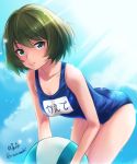  1girl ball beachball blue_eyes blue_sky blue_swimsuit breasts clouds cloudy_sky collarbone green_eyes green_hair haruhina0104 heterochromia idolmaster idolmaster_cinderella_girls idolmaster_cinderella_girls_starlight_stage looking_at_viewer medium_breasts mole mole_under_eye name_tag school_swimsuit short_hair sky solo sunlight swimsuit takagaki_kaede twitter_username 