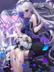  1girl andante breasts crown evil_smile eyepatch flower hair_between_eyes highres long_hair looking_at_viewer original red_eyes rose sitting slit_pupils smile thorns throne white_hair 