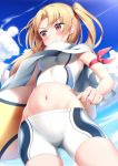  1girl absurdres arm_ribbon azur_lane bike_shorts blonde_hair blue_sky blush cleveland_(azur_lane) clouds day from_below gluteal_fold highres holding_surfboard midriff navel nedia_(nedia_region) red_eyes red_ribbon ribbon shorts sky sleeveless smile solo standing surfboard tank_top white_shorts white_tank_top 