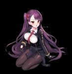  1girl andante bangs braid breasts commission full_body girls_frontline long_hair looking_at_viewer open_mouth purple_hair red_eyes side_ponytail signature sitting wa2000_(girls_frontline) 