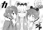  5girls :d ^_^ animal_ears arm_around_shoulder bags_under_eyes cellphone character_print closed_eyes commentary_request fake_animal_ears freckles girl_sandwich grin hairband highres kuroki_tomoko monochrome mouse_ears multiple_girls necktie onomatopoeia open_mouth phone rabbit_ears sandwiched satou_takumi school_uniform smartphone smile sweatdrop sweater taking_picture tamura_yuri tanaka_mako uchi_emiri watashi_ga_motenai_no_wa_dou_kangaetemo_omaera_ga_warui! yoshida_masaki 