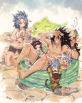  2boys 3girls ;d barefoot bikini_shorts black_hair black_shorts blue_hair breasts cleavage collarbone day fairy_tail gajeel_redfox goggles goggles_on_head grin gun hair_between_eyes hairband heart holding holding_gun holding_weapon kneeling levy_mcgarden long_hair multiple_boys multiple_girls navel nose_piercing one_eye_closed open_mouth outdoors pantherlily piercing red_hairband rusky shorts small_breasts smile swimwear water water_gun weapon white_bikini_top 