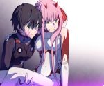  1boy 1girl bangs black_bodysuit black_hair blood blood_from_mouth blood_on_face blue_horns bodysuit breasts carrying commentary_request couple darling_in_the_franxx facial_scar gloves green_eyes hand_on_another&#039;s_leg hand_on_another&#039;s_waist hetero hiro_(darling_in_the_franxx) horns leje39 long_hair medium_breasts oni_horns pilot_suit pink_hair princess_carry red_horns scar short_hair torn_bodysuit torn_clothes white_bodysuit white_gloves zero_two_(darling_in_the_franxx) 