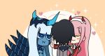  001_(darling_in_the_franxx) 1boy 1koma 2girls :t bangs black_hair blue_eyes blue_horns blue_skin blush_stickers closed_eyes comic commentary commentary_request couple darling_in_the_franxx facial_scar hair_ornament hairband hand_on_another&#039;s_face hand_on_another&#039;s_shoulder heart heater hetero hiro_(darling_in_the_franxx) horns hug light_blue_hair long_hair long_sleeves military military_uniform multiple_girls necktie oni_horns orange_neckwear pink_hair red_horns scar short_hair spoilers tentacle uniform user_cvct8874 white_hairband zero_two_(darling_in_the_franxx) 