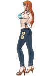  1girl :p bikini_top breasts brown_eyes denim easy_(aqk7bdqt) female from_side full_body green_bikini_top hand_on_hip high_heel_sandals high_heels jeans large_breasts log_pose long_hair looking_at_viewer looking_to_the_side nami_(one_piece) no_socks one_piece orange_hair pants profile sandals sideboob simple_background standing tattoo tongue tongue_out white_background 