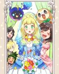  &gt;_&lt; 2girls 3boys black_hair blonde_hair blush bouquet bridal_veil brother_and_sister closed_eyes cosmog dark_skin dark_skinned_male dress flower formal gen_7_pokemon gladio_(pokemon) green_eyes green_hair hair_over_one_eye hau_(pokemon) lillie_(pokemon) long_hair mizuki_(pokemon) multiple_boys multiple_girls necktie open_mouth pokemon pokemon_(creature) pokemon_(game) pokemon_sm ponytail rowlet sasairebun short_hair siblings veil wedding_dress you_(pokemon) 