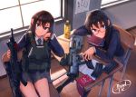  2girls arm_support armband armband_removed assault_rifle bag black_hair blue_eyes book bottle brown_hair bulletproof_vest classroom dreadtie glasses gun highres indoors load_bearing_vest magazine_(weapon) multiple_girls original rifle school_bag school_uniform signature sitting violet_eyes weapon window 