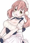  1girl :d absurdres apron artist_name atelier_(series) atelier_escha_&amp;_logy back_bow bangs blue_choker bow braid breasts choker cleavage dress escha_malier frilled frilled_choker frilled_dress frilled_sleeves frills green_eyes hair_between_eyes hands_together highres lace large_bow large_breasts open_mouth pink_hair pom_pom_(clothes) short_sleeves simple_background single_braid smile solo twitter_username v_arms waist_apron white_apron white_background white_dress yuuki_mitsuru 