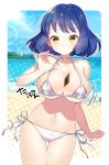  1girl akemaru bangs between_breasts bikini blue_hair blush breasts brown_eyes card card_between_breasts cleavage closed_mouth collarbone highres looking_at_viewer micro_bikini navel seaside_muramoto short_hair smile solo swimsuit tag_force white_bikini yu-gi-oh! yuu-gi-ou_tag_force 