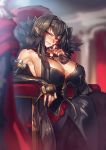  1girl armpits bare_shoulders black_dress black_hair blush breasts bridal_gauntlets cleavage clenched_teeth collarbone commentary detached_sleeves dress fate/apocrypha fate/grand_order fate_(series) fur_trim hand_on_own_chest highres huge_breasts indoors jewelry long_dress long_hair melon22 necklace pointy_ears semiramis_(fate) sideboob sitting sweatdrop teeth throne very_long_hair yellow_eyes 