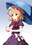  1girl bangs blonde_hair blue_background bow bowtie breasts closed_mouth collar collared_shirt dress eyebrows_visible_through_hair hat highres holding holding_umbrella image_sample maribel_hearn mob_cap parasol puffy_short_sleeves puffy_sleeves purple_dress red_neckwear red_ribbon ribbon ruu_(tksymkw) shirt short_hair short_sleeves small_breasts smile solo striped striped_background touhou twitter_sample umbrella vertical-striped_background vertical_stripes violet_eyes white_hat white_ribbon white_skin 