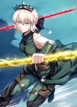  1girl artoria_pendragon_(all) artoria_pendragon_(swimsuit_rider_alter) bangs bare_shoulders belt black_bow blonde_hair blue_background bow braid breasts cosplay elbow_gloves fal fate/grand_order fate/zero fate_(series) french_braid gae_buidhe gae_dearg gloves green_gloves green_pants grin hair_bow highres jewelry lancer_(fate/zero) lancer_(fate/zero)_(cosplay) medium_breasts necklace pants polearm saber_alter smile spear tiara weapon yellow_eyes 