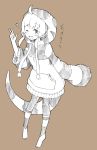  1girl absurdres barefoot commentary_request enk_0822 fang greyscale highres hood hoodie kemono_friends leggings lizard_tail long_sleeves monochrome one_eye_closed original short_hair sidelocks solo star striped tail translation_request western_blue-tongued_skink_(kemono_friends)_(enk_0882) 