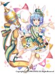  1girl :d animal_ears bare_legs blue_hair bobby_socks bow crown dress flower flower_knight_girl frills green_bow green_dress holding holding_staff kodemari_(flower_knight_girl) long_hair looking_at_viewer morinaga_kobato official_art open_mouth outstretched_hand pennant rabbit shoes simple_background smile socks solo staff twintails white_background wrist_cuffs yellow_eyes 