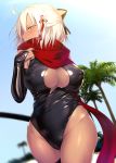  1girl ahoge black_legwear blue_sky blush breasts breath bridal_gauntlets cleavage cleavage_cutout commentary_request cowboy_shot dark_skin day fate/grand_order fate_(series) hair_ornament half-closed_eyes half_updo highres leotard looking_at_viewer okita_souji_(fate) okita_souji_alter_(fate) outdoors palm_tree profile red_scarf satou_kuuki scarf shiny shiny_clothes short_hair single_thighhigh sky solo sweat tassel thigh-highs tree white_hair yellow_eyes 