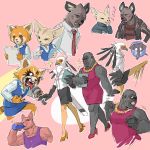 2boys 5girls aggressive_retsuko bird black_skirt blue_skirt blush bottle cellphone chenpn clenched_hand closed_eyes dress drinking eagle earrings elephant fennec_fox fenneko folder gori_(aggretsuko) gorilla haida high_heels holding holding_microphone hyena jacket jewelry kangaroo kicking laughing leather leather_jacket looking_at_another microphone motion_blur multiple_boys multiple_girls multiple_views necklace necktie office_lady papers pencil_skirt phone pink_background pink_dress pink_footwear red_neckwear red_panda retsuko shachou_(aggretsuko) shirt sketch skirt smartphone sparkle speech_bubble striped striped_shirt tongue tongue_out washimi water_bottle yoga_instructor 