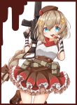  1girl absurdres arm_warmers assault_rifle belt belt_pouch beret blue_eyes boots braid breasts brown_hair chocolate chocolate_bar eating fn_fnc fn_fnc_(girls_frontline) frilled_skirt frills girls_frontline gun hair_ornament hair_ribbon hairclip hat highres long_hair matsuo_(matuonoie) namesake pouch ribbon rifle skirt solo trigger_discipline weapon 