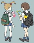  2girls backpack bag bag_charm bangs blonde_hair blunt_bangs brown_hair cellphone charm_(object) collared_shirt cup drinking drinking_glass drinking_straw eyelashes facing_away holding holding_drinking_glass legs_crossed multiple_girls original phone pigeon-toed pleated_skirt product_placement shirimoto shirt short_hair simple_background skirt sleeves_rolled_up socks sprinkles texting twintails whipped_cream 