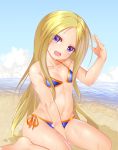  1girl :d abigail_williams_(fate/grand_order) bangs bare_arms bare_legs bare_shoulders barefoot beach between_legs bikini blonde_hair blue_bikini blue_sky blush breasts clouds collarbone day eyebrows_visible_through_hair eyes_visible_through_hair fate/grand_order fate_(series) hand_up head_tilt highres horizon long_hair looking_at_viewer miyajima_(anthem-anthem) navel ocean open_mouth orange_bikini outdoors parted_bangs sand shadow shiny shiny_skin side-tie_bikini sidelocks sitting sky small_breasts smile solo stomach straight_hair string_bikini summer swimsuit very_long_hair violet_eyes wariza wet 