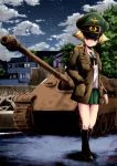  1girl blonde_hair brown_eyes clouds coat erwin_(girls_und_panzer) girls_und_panzer ground_vehicle hat house jagdpanther military military_hat military_vehicle motor_vehicle night ooarai_school_uniform saz_(sazin764) short_hair sky smile star tank tank_destroyer tree 