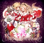  4girls :d animal_ears black_choker blonde_hair blush boots breasts brown_footwear brown_hair candy candy_cane character_request chino_machiko choker cleavage closed_eyes closed_mouth fingernails food fur_trim gift high_heel_boots high_heels hug hug_from_behind jewelry kneeling legs_together merry_christmas multiple_girls nail_polish necklace open_mouth pants red_nails red_pants sack shoes show_by_rock!! smile tail thigh-highs violet_eyes yellow_neckwear 