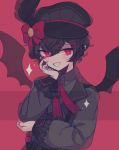  bat_wings black_hair bow collared_shirt ferocious-bite frills grin hair_ornament hairclip hat highres long_sleeves looking_to_the_side necktie red_eyes shirt short_hair smile smug trap upper_body wings 
