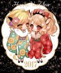  2017 2girls animal_ears big_hair blonde_hair blush brown_hair character_request chino_machiko floral_print fur_collar green_kimono happy_new_year heart holding_hand japanese_clothes kimono long_sleeves multiple_girls new_year obi parted_lips platform_footwear red_eyes red_kimono sandals sash show_by_rock!! sleeves_past_wrists socks tail tears white_legwear wide_sleeves yellow_eyes yuri 