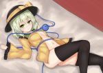  1girl ass black_hat black_legwear blush breasts cleavage clenched_hand collared_shirt commentary_request convenient_leg green_eyes green_hair hair_between_eyes hat hat_ribbon heart heart-shaped_pupils highres knee_up komeiji_koishi long_sleeves looking_at_viewer medium_hair navel no_bra one-piece_swimsuit open_clothes open_shirt ribbon ribbon-trimmed_sleeves ribbon_trim shirt small_breasts smile solo stomach swimsuit symbol-shaped_pupils thigh-highs thighs third_eye touhou wide_sleeves yellow_ribbon yellow_shirt ys_kosato 