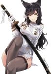  1girl animal_ears arm_behind_back arm_support atago_(azur_lane) azur_lane bangs black_hair black_legwear breasts closed_mouth commentary_request dated extra_ears flower garter_straps gloves hair_flower hair_ornament highres holding holding_sword holding_weapon katana knee_up large_breasts leaning long_sleeves medal military military_uniform mole mole_under_eye nabeshima_tetsuhiro ribbon sidelocks sitting skirt smile solo swept_bangs sword thigh-highs twitter_username uniform weapon white_background white_gloves white_ribbon white_skirt zettai_ryouiki 