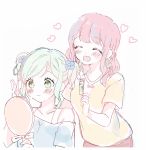  2girls ^_^ alternate_hairstyle aqua_hair bang_dream! bangs blue_flower blue_shirt blush bra_strap closed_eyes collarbone comb eyebrows_visible_through_hair flower green_eyes hair_flower hair_ornament hairdressing hairstyle_switch hana_kon_(17aaammm) hand_mirror hand_up heart highres hikawa_hina holding_comb holding_mirror light_frown maruyama_aya medium_hair mirror multiple_girls off-shoulder_shirt open_mouth pale_color pink_hair shirt short_sleeves side_braids sidelocks sketch smile twintails white_background yellow_shirt 